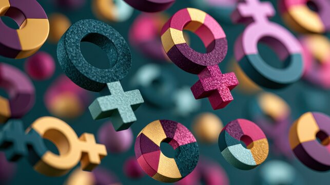 Colorful 3D female gender symbols float against a blurred background, representing diversity and gender identity.