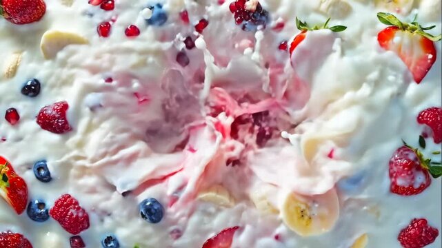 Decorative strawberry and banana yogurt with pomegranate accents and ripples. Brightly colored breakfast display featuring mixed fruit yogurt with splashes and fresh toppings