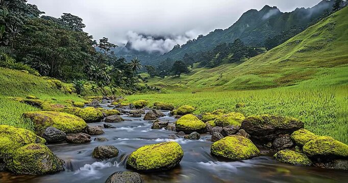Vibrant green mountain valley with flowing stream and mossy rocks