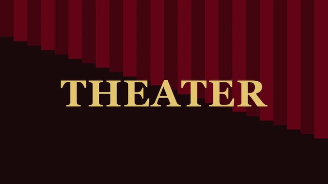 Theater opening curtain animation with gold text and dark red vertical striped 4k background, for cinematic performance intro