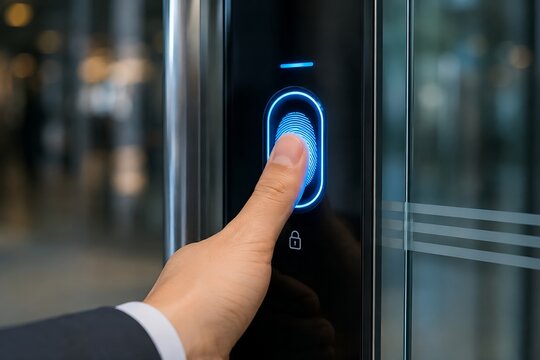 Close up of businessman scanning fingerprint on biometric access control device to unlock modern office door