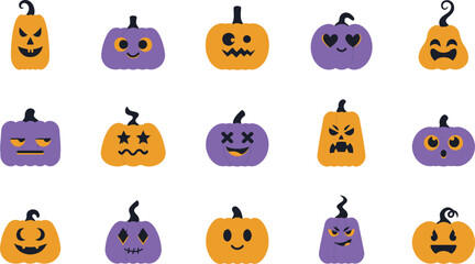 Obraz premium Colorful Halloween pumpkins with various carved and painted faces designs