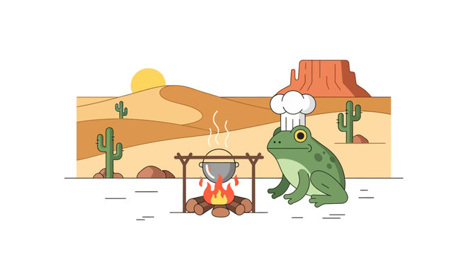 Frog chef cooking in desert campfire