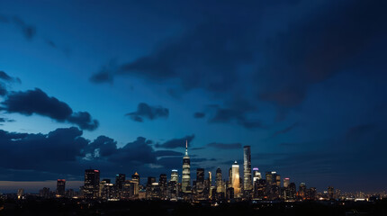 Naklejka premium Contemporary city skyline during blue hour with illuminated skyscraper silhouette and moody