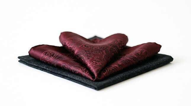 Burgundy paisley silk pocket square on gray wool fabric