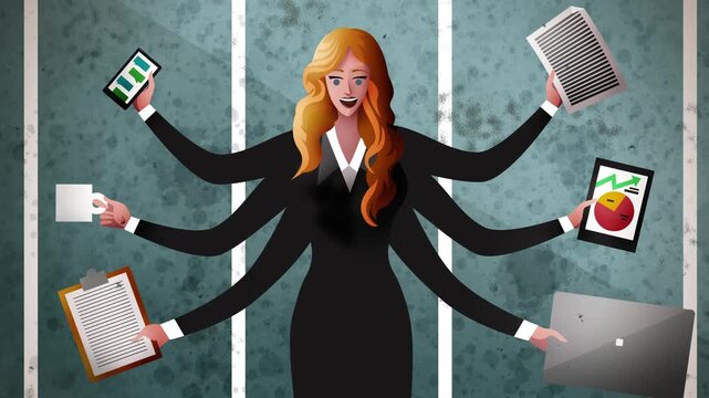 multitasking businesswoman with many arms managing multiple digital devices