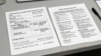 Fototapeta premium Durable medical equipment prescription form for wheelchair and hospital bed with a translated patient instruction sheet stock photo for healthcare and medical industry use