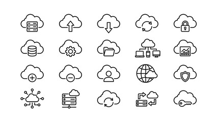 Obraz premium Essential Cloud Storage and Data Transfer Line Icons Collection highlighting Server Uploads, Downloads, and Folder Management.