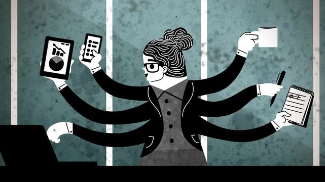 multitasking businesswoman with many arms managing multiple digital devices