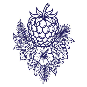 A dark blue line of a raspberry surrounded by tropical monstera leaves, palm fronds, and hibiscus flowers on at-shirt poster white background, a tattoo or print