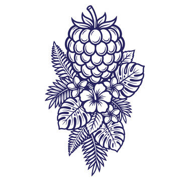A dark blue line of a raspberry surrounded by tropical monstera leaves, palm fronds, and hibiscus flowers on at-shirt poster white background, a tattoo or print