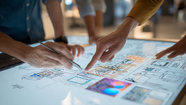 Close-up of hands interacting with a digital interface displaying wireframes and sketches, concept for web design, UX/UI development and app prototyping