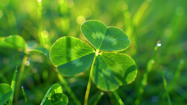 Vibrant green clover with water droplets, in a sunny close-up