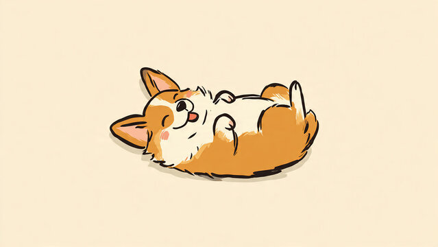 Cute cartoon corgi dog lying on back, showing belly, with playful expression, suitable for pet product advertising, greeting cards and animal blogs