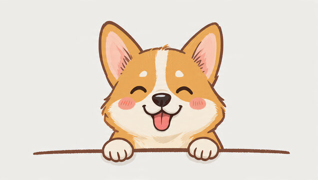 Smiling cartoon corgi peeking over a blank space with its paws on a line, concept for pet care, adorable characters and fun illustrations