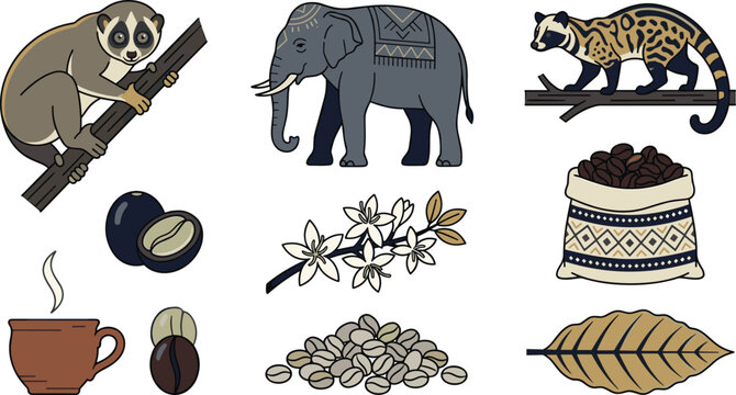 Coffee Plantation Wildlife Collection Featuring Slow Loris Asian Palm Civet Elephant Coffee Beans Blossoms and Botanical Vector Illustration Set