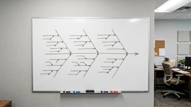 Root cause analysis fishbone diagram whiteboard in a quality improvement office showing investigation categories stock photo for healthcare and medical industry use