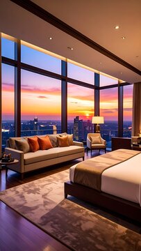 Luxury hotel room city skyline view.