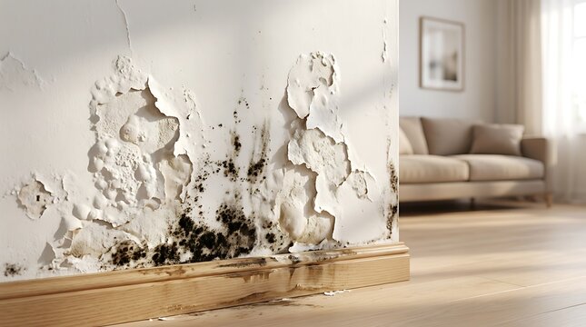 Water damaged wall with peeling paint and black mold growth near wooden baseboard in sunlit room showing signs of structural damage and need for repair.