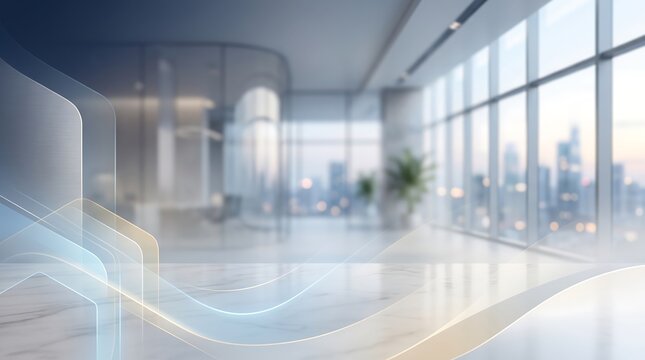 Modern abstract office presentation background featuring futuristic glowing lines, empty corporate boardroom with large windows overlooking city