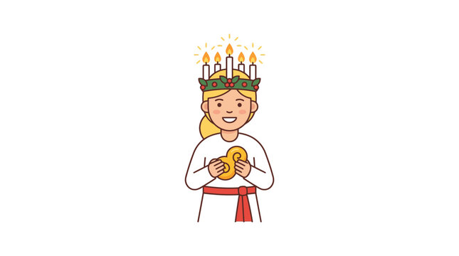 Saint Lucy's Day Celebration - Girl with Candle Crown and Lussekatt Bun