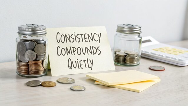 Coins in jars with sticky notes displaying motivational quote about financial growth on wooden table with calculator