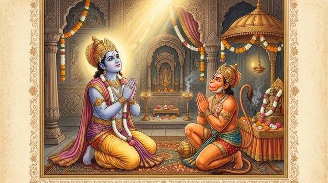 Devotional scene of two figures kneeling in prayer within a grand temple hall bathed in soft light