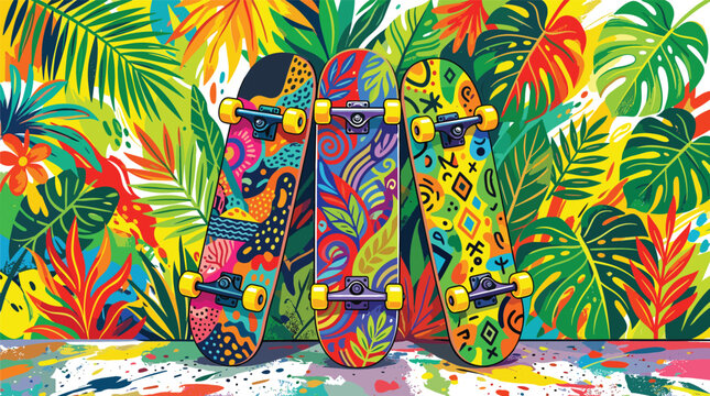 Colorful Skateboards Vector Illustration with Vibrant Tropical Jungle Palm Leaves Background and Abstract Graffiti Street Art Designs for Summer Youth Culture Banners