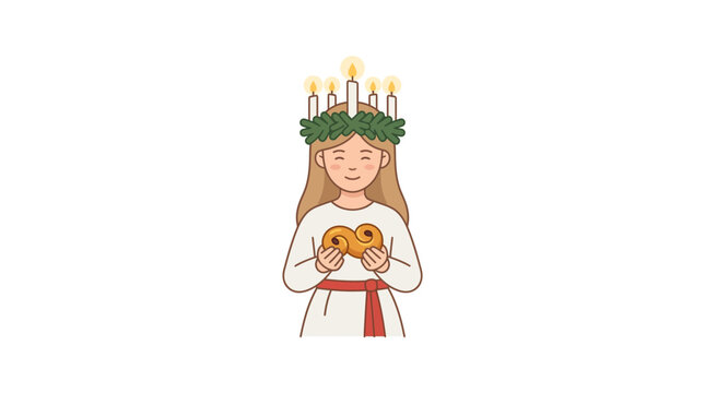 Girl with Lucia crown and lussekatter buns, Scandinavian tradition, holiday celebration