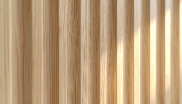 Close up detail on a fluted wood cabinet featuring Japandi interior design style with minimalist light and shadow patterns on vertical slats