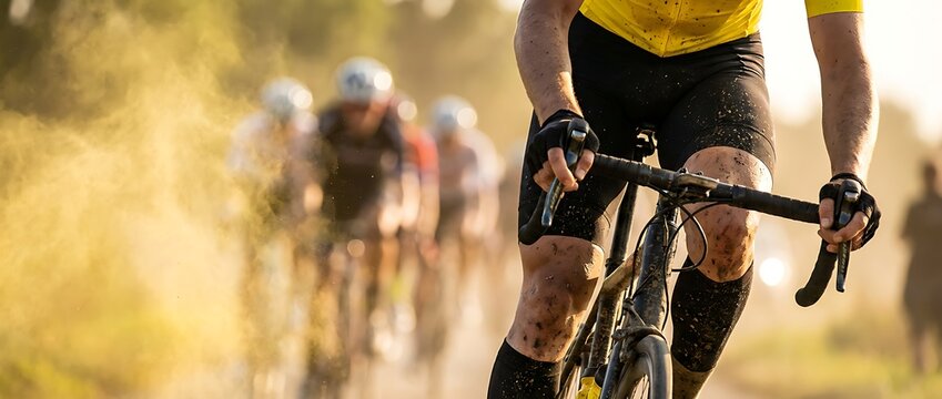 Close up of competitive cyclist in yellow jersey covered in mud racing on dirt track kicking up dust during intense outdoor sports event with blurred background.