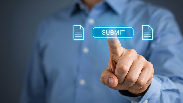 Businessman pressing submit button on virtual digital interface
