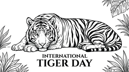 Obraz premium International Tiger Day resting tiger wildlife conservation awareness detailed vintage engraving vector illustration for educational campaign design