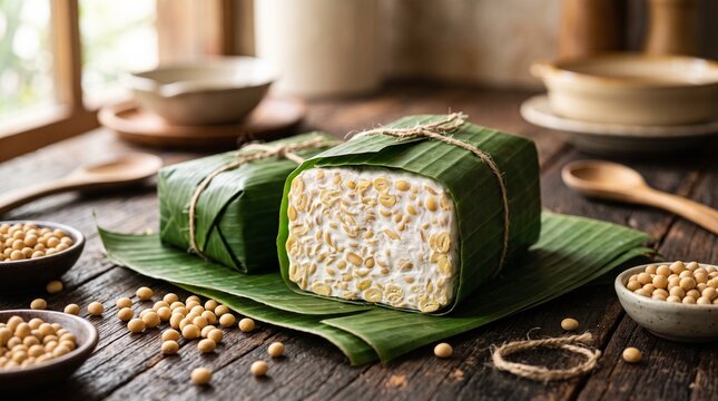 Sliced tempeh wrapped in banana leaf with soybeans