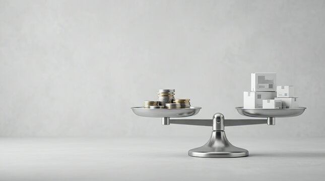 A silver balance scale displays a stack of coins on one side and a miniature building model on the other.
