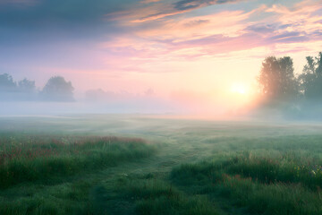 Fototapeta premium foggy morning in the rural field at sunrise. Natural summer (spring) background