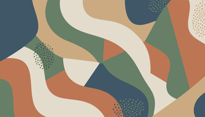 Fototapeta premium Abstract retro background design with wavy organic shapes in earthy green, blue, terracotta, and cream colors.