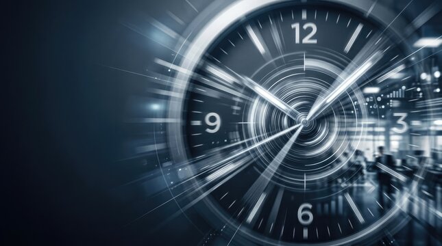 A blurred digital clock displays the time 12:00. The clock face is overlaid with a blurred cityscape, suggesting speed and urgency.