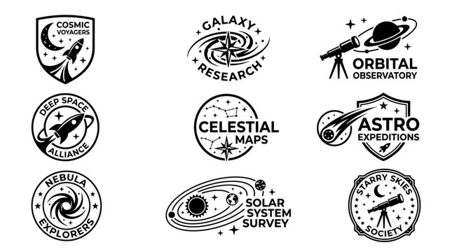 Black and white astronomy logos set.