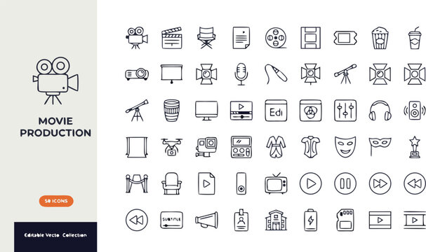 Movie production icons set for film and video editing tools and equipment