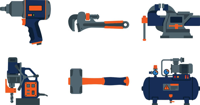 Collection of industrial tools including an impact wrench pipe wrench vise drill press sledgehammer and air compressor flat vector illustration for construction and repair concepts