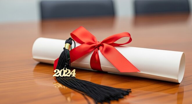 A rolled diploma sits on a polished wooden table. The diploma is wrapped in a red ribbon with a tassel and the year "2024" printed on it.