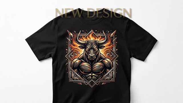 T-shirt design features a muscular man with horns on the front, displayed on a plain background for fashion advertisement purposes.