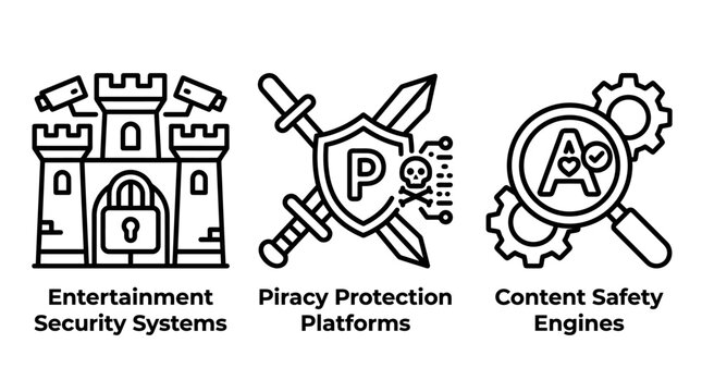 Set of digital security and piracy protection icons for content management with security protection database cybersecurity software internet encryption monitoring information technology