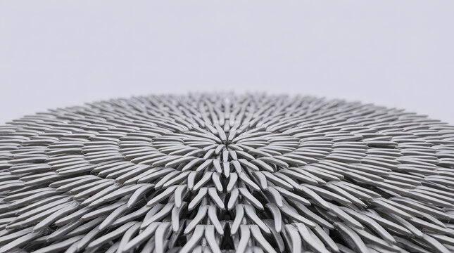 Macro abstract of radial silver springtail furcula appendages forming a geometric pattern with upper white copy space area