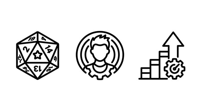 Set of abstract icons depicting rpg dice personal profile settings business growth strategy settings business strategy elements development interface optimization analytics performance