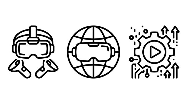 Virtual reality headset and gaming technology icons with controller technology development simulation immersive experience electronic hardware software interface innovation metaverse