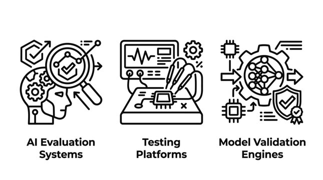 Artificial intelligence system evaluation testing and model validation icons set with artificial intelligence evaluation platform validation learning software development technology analysis