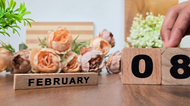 Hand placing wooden calendar blocks showing february 8 on a wooden table
