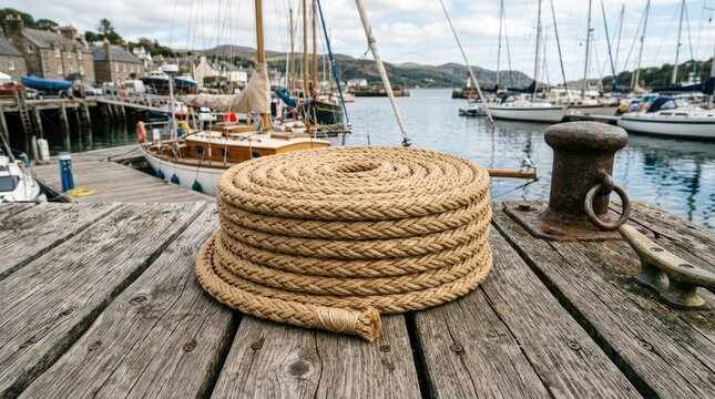 A thick, coiled rope rests on a weathered wooden dock.